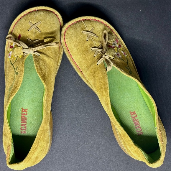 Vintage Camper Brown Suede Loafer Chunky Slip On Shoes Boho Floral Embroidery 8 - Picture 8 of 9